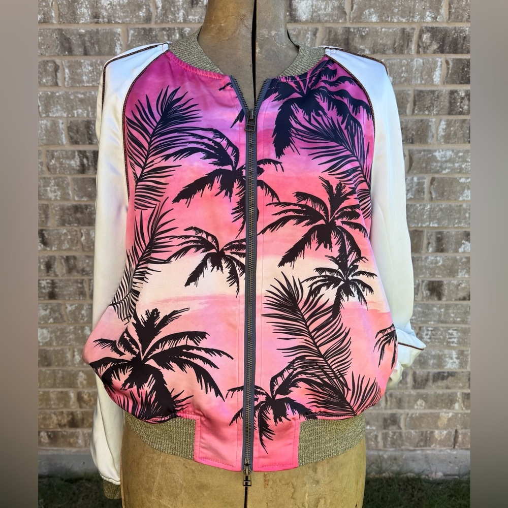 Pam & Gela Pink and Black Palm Print Bomber jacket